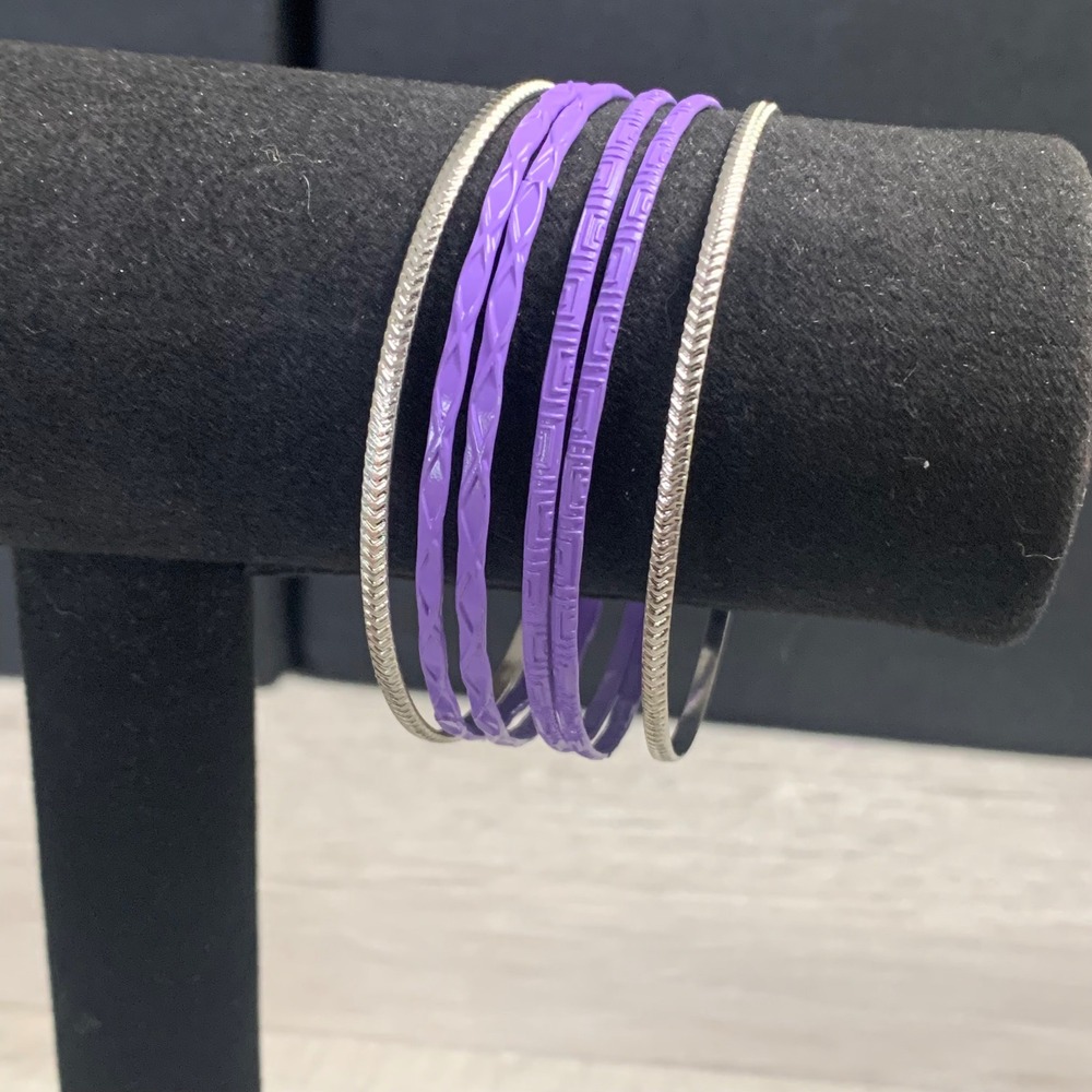 Purple Silver Textured Bangle Bracelet Set 6pc Stackable Geometric 8 Inch